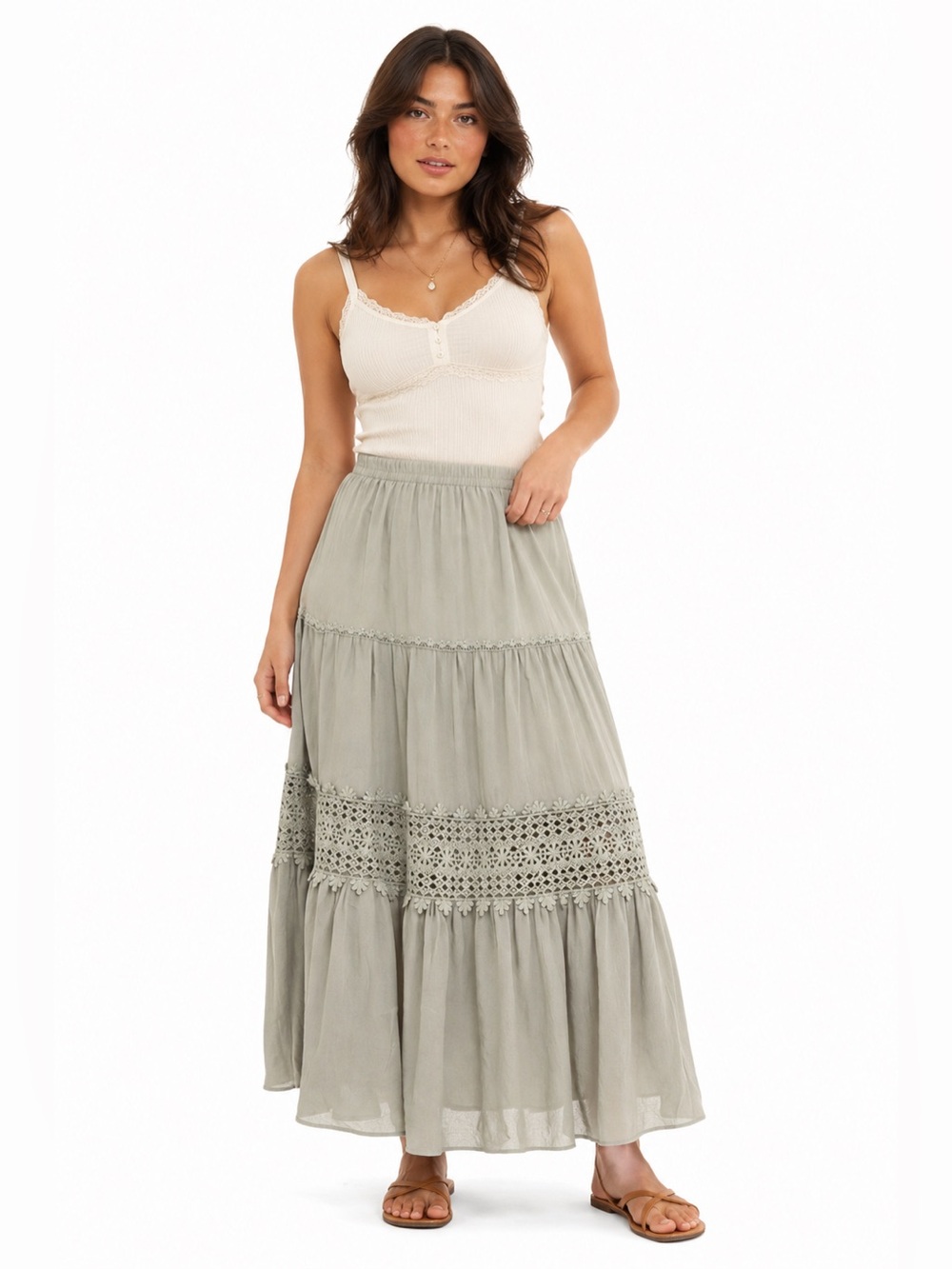 Y2K Tiered Embroidery Lace Hippie Maxi Skirt (Sage Green) Size S